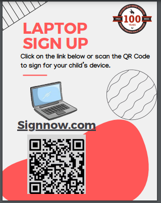 A sign with a qr code and a computerDescription automatically generated